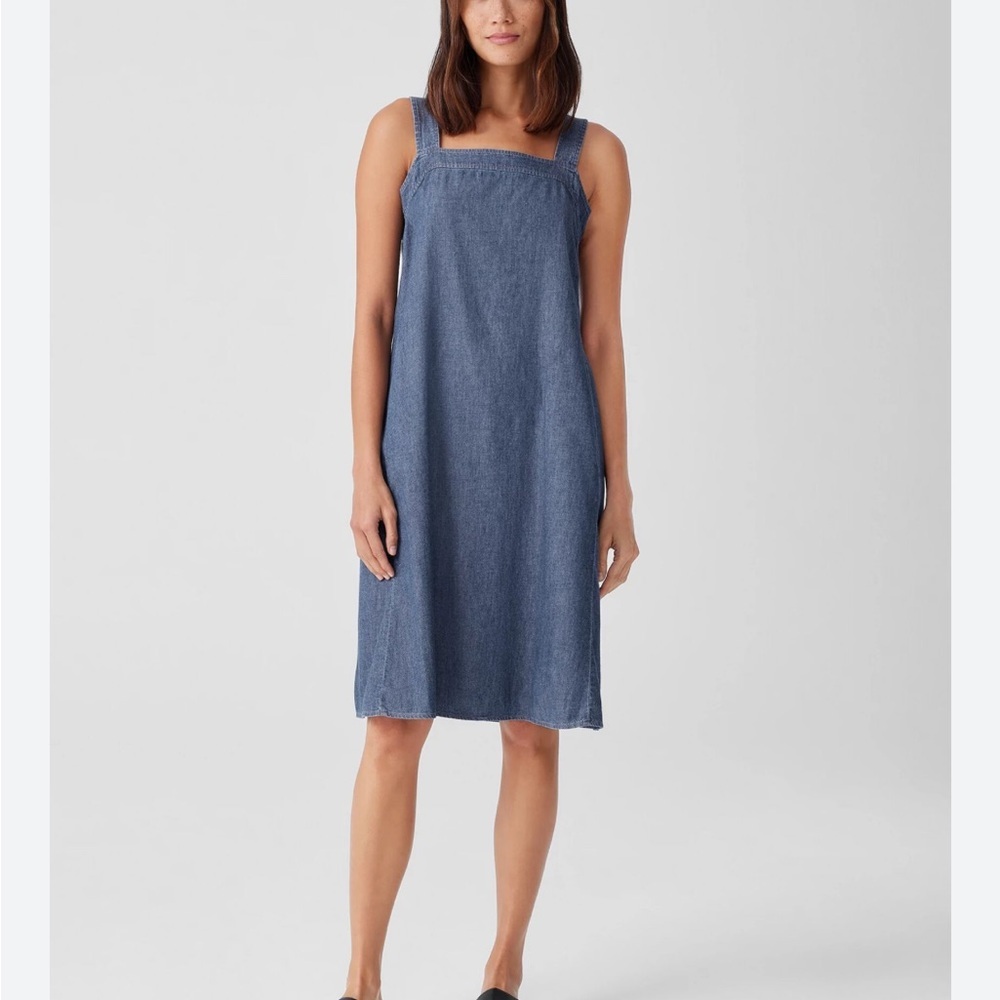 Eileen Fisher Airy Organic Cotton Twill Square Neck Dress Size L